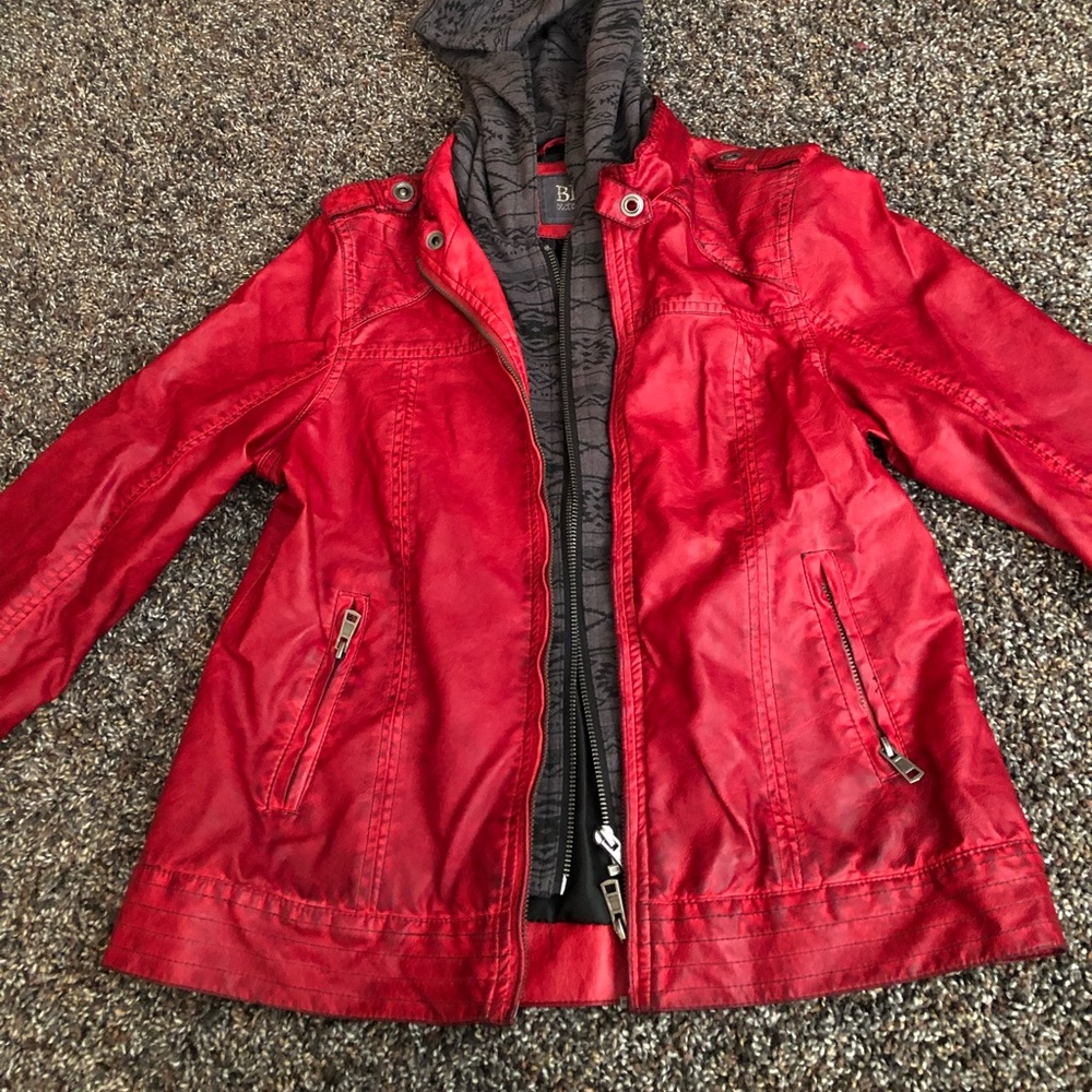 BKE Red Leather Jacket with detachable hood